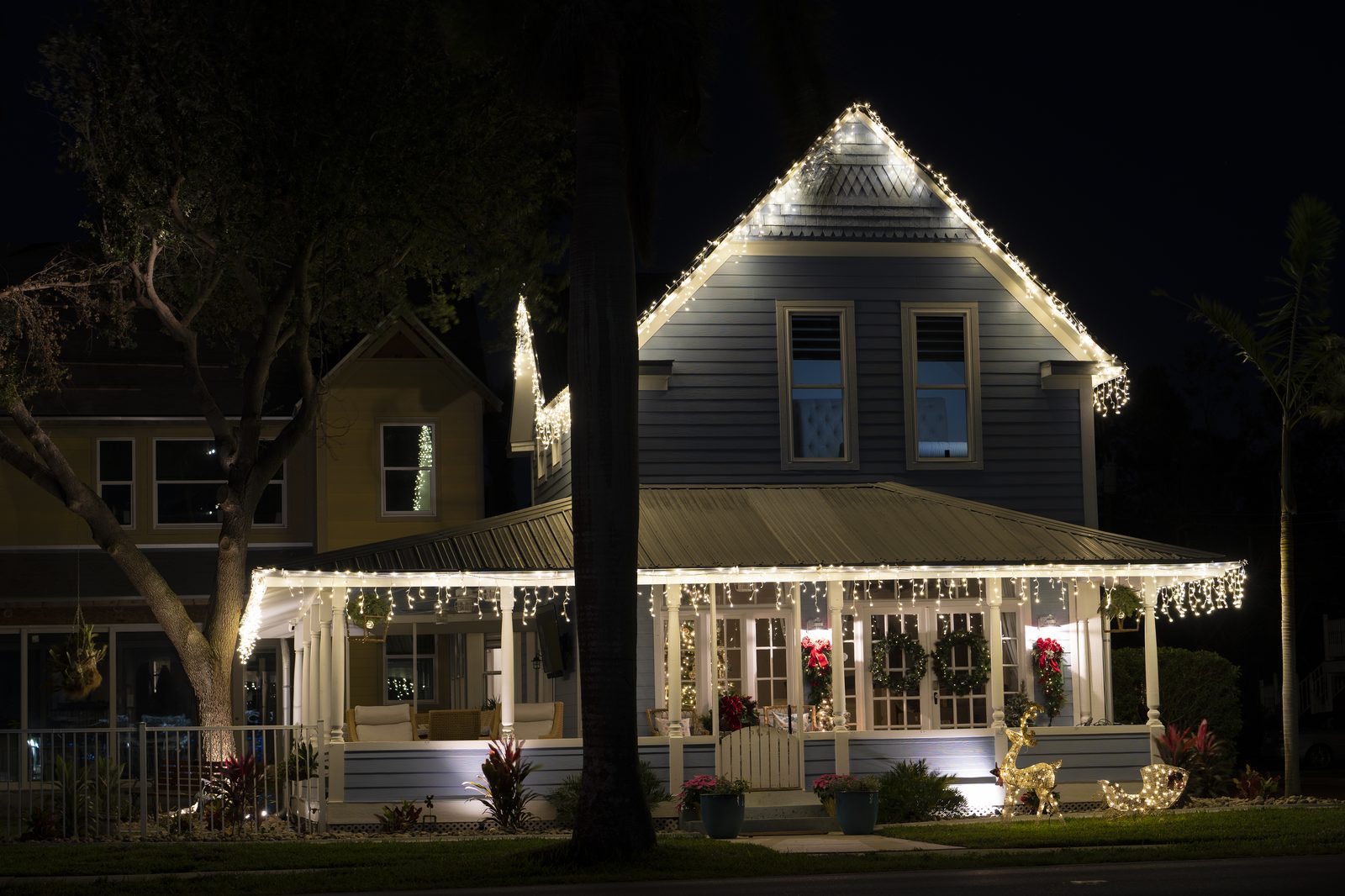 Roofline outlined with evenly spaced C9 Christmas lights